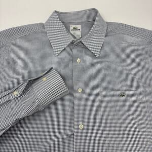 Lacoste Mens XL (45) Blue Check Long Sleeve Button Up Cotton Shirt